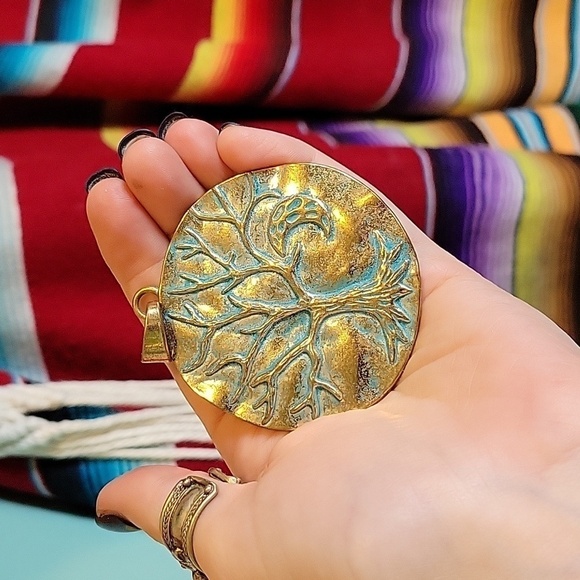 Pale Golden & Teal Colored Tree Of Life And Moon  Bigger Pendant - Picture 7 of 7